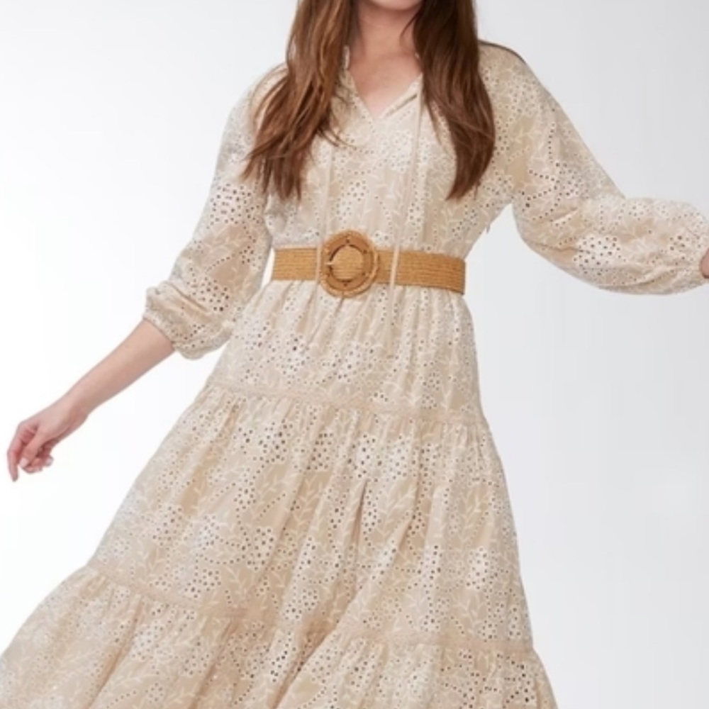 Chicos tiered ruffle eyelet midi dress in neutral.